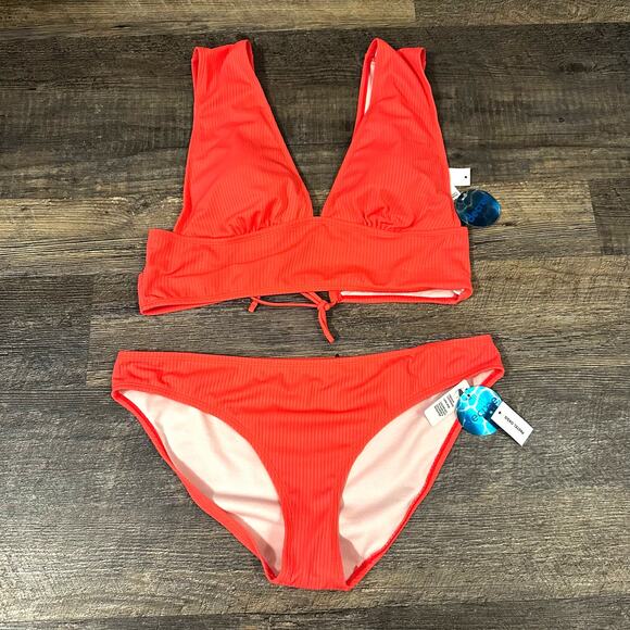 Decree Other - Decree Women's Coral Orange Ribbed Medium Coverage Low Rise Bikini Set Sz XL NWT